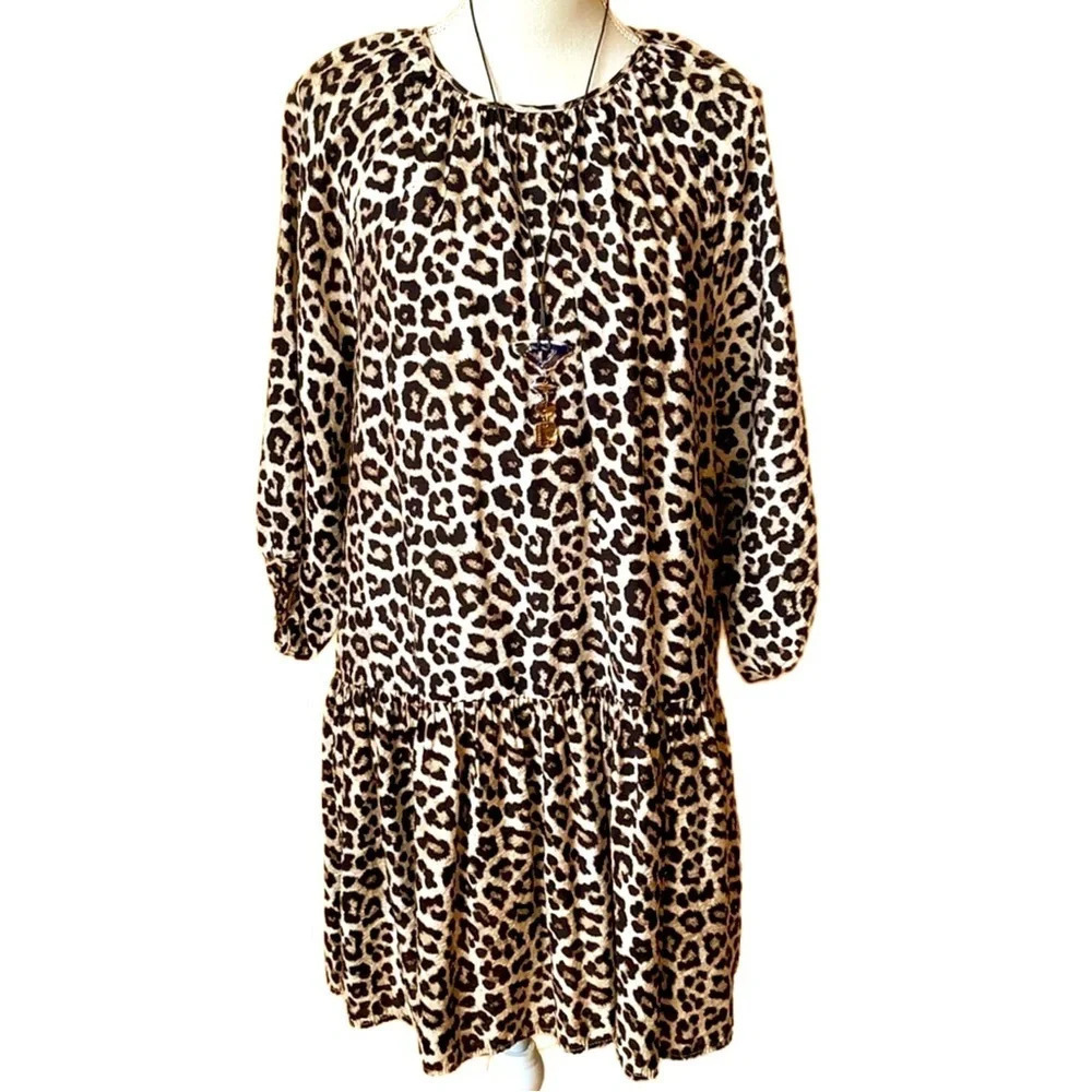 H&M Leopard Print Drop Waist Puff Sleeve Mini Dress S